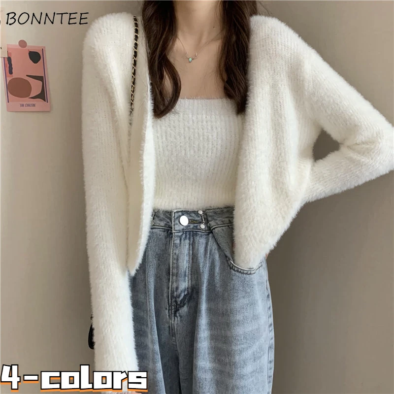 

Женский комплект из двух предметов, однотонный кардиган с открытой спиной, Модная молодежная Милая универсальная укороченная Осенняя кофт...