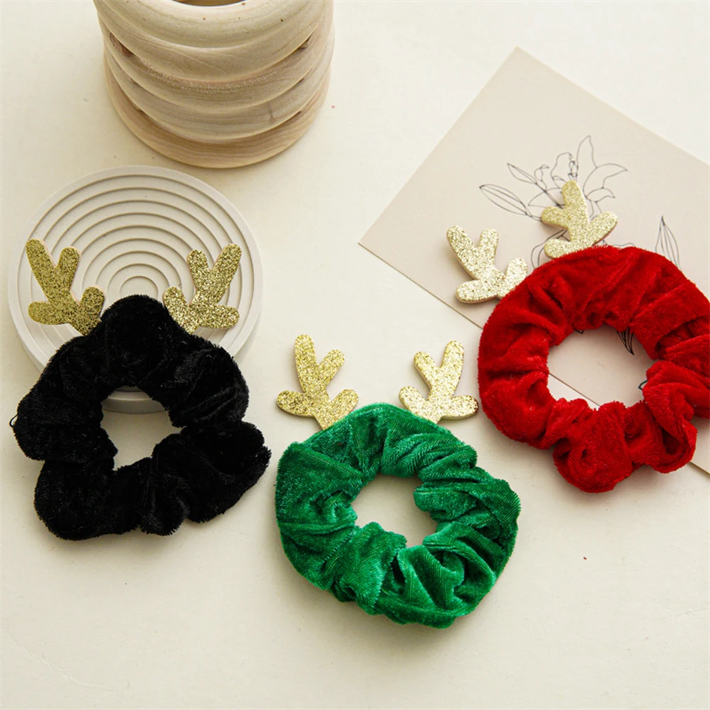 

Christmas Flannel Hair Scrunchie Cute Ponytail Holder Women Girls Hair Accessories Deer Horn Velvet Fake Fur Elastic Hair Band