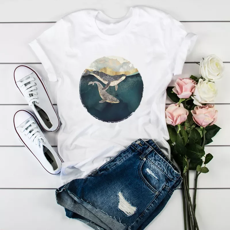 

2023NEW Whale Fish Cute Art Painting Ladies Womens Tops Aesthetic Clothes Graphic Female Lady T-Shirt Tumblr T Shirt T-shirts