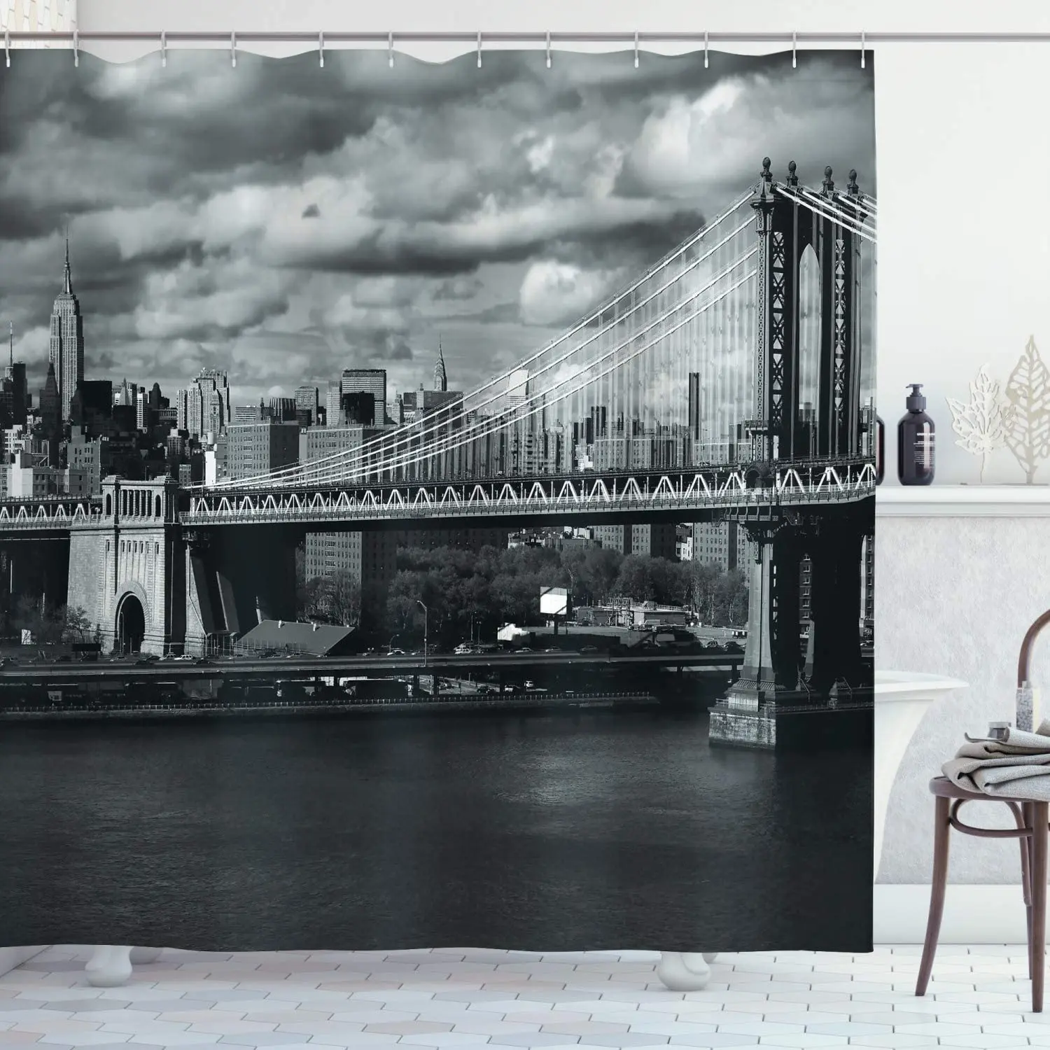 

New York Shower Curtain, Black and White Panorama of New York City Skyline with Focus on Manhattan Bridge Photo, Cloth