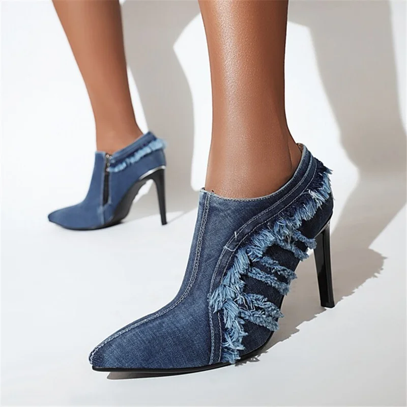 

LeShion Of Chanmeb Sexy Women Stiletto High Heels Boots Blue Tassel Denim Pointy Toe Short Ankle Boots Ladies Jean Shoes Autumn