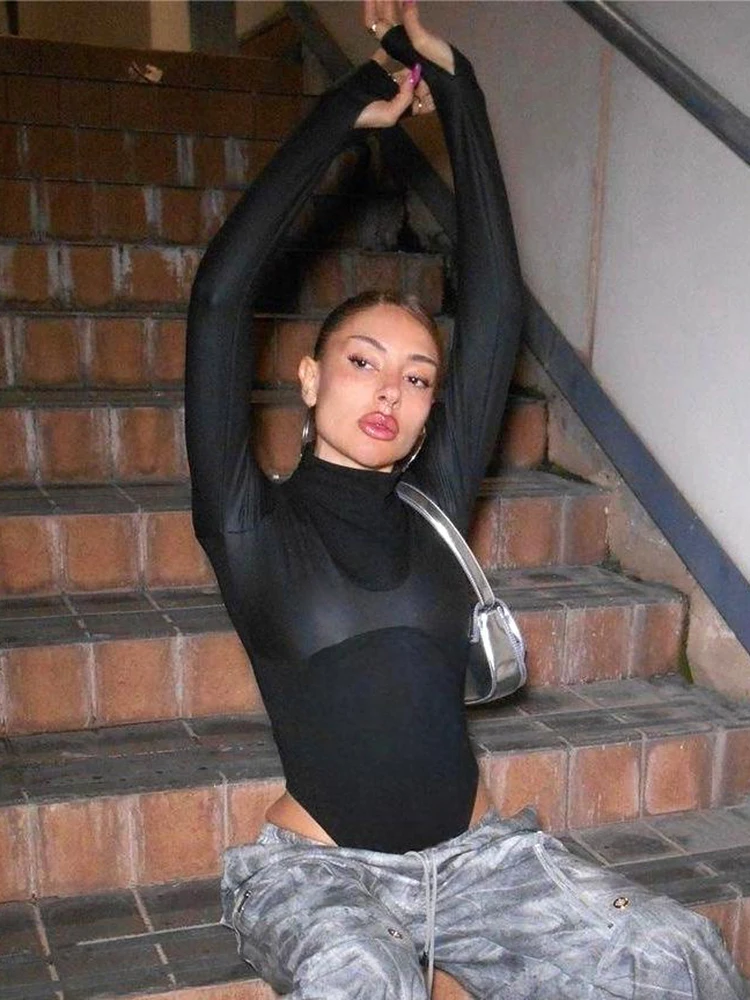 Женское боди из ПУ кожи Bolopi облегающее с длинным рукавом в стиле пэчворк Клубное