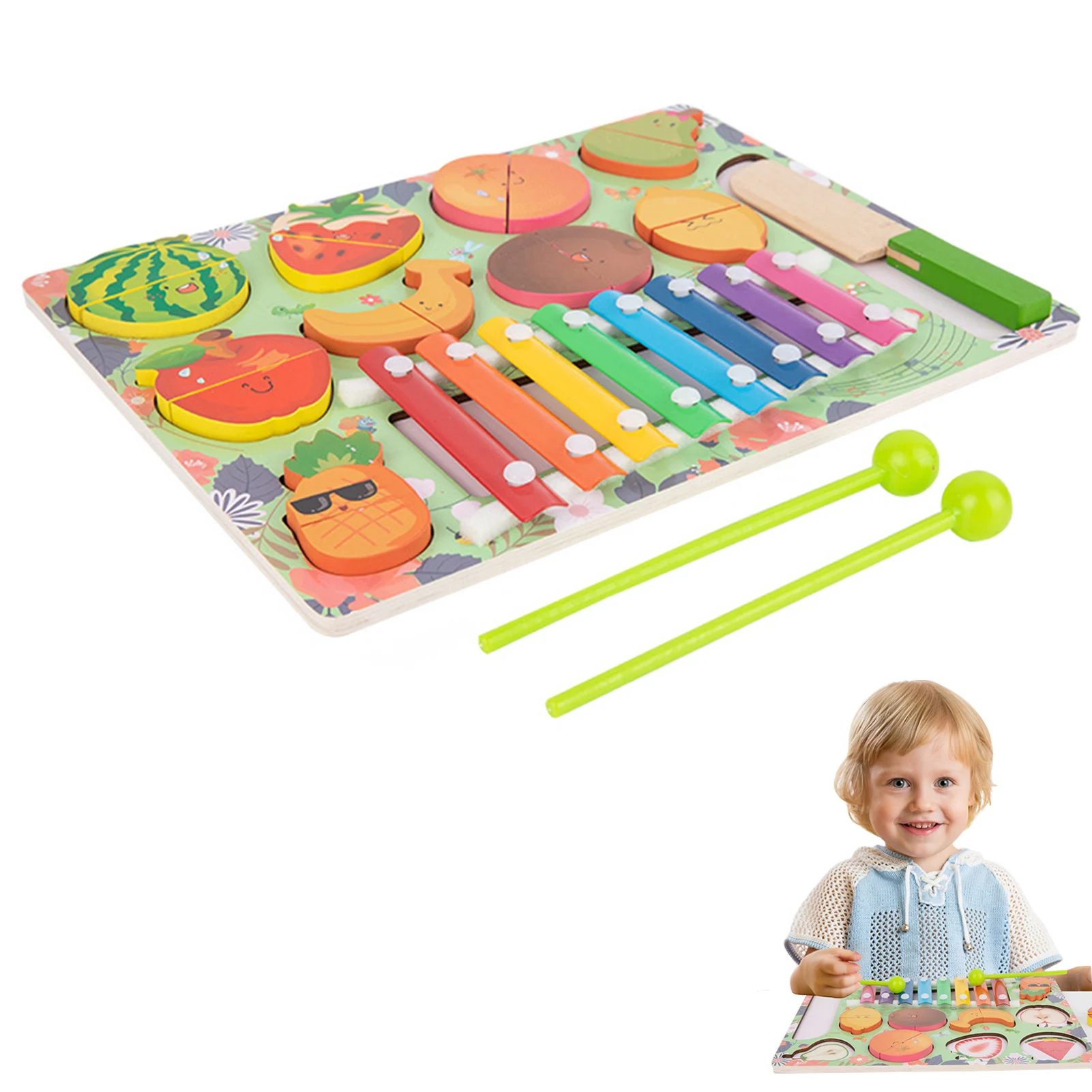 

Pretend Play Food Set Play Food Set With 18PCS Hand-Painted Wooden Pieces Educational Toy With Knock Piano Hammers Fruits For