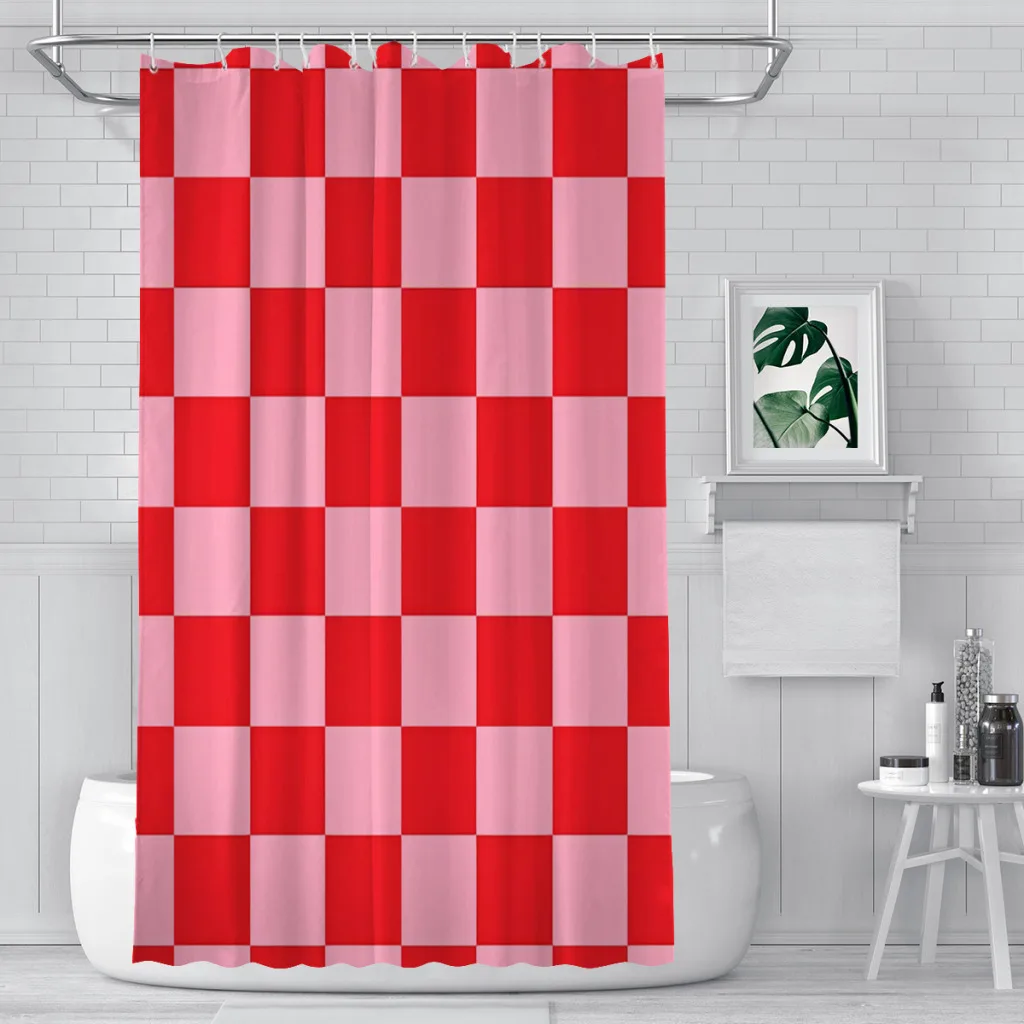

Checkered Pink and Red Shower Curtains Waterproof Fabric Creative Bathroom Decor with Hooks Home Accessories