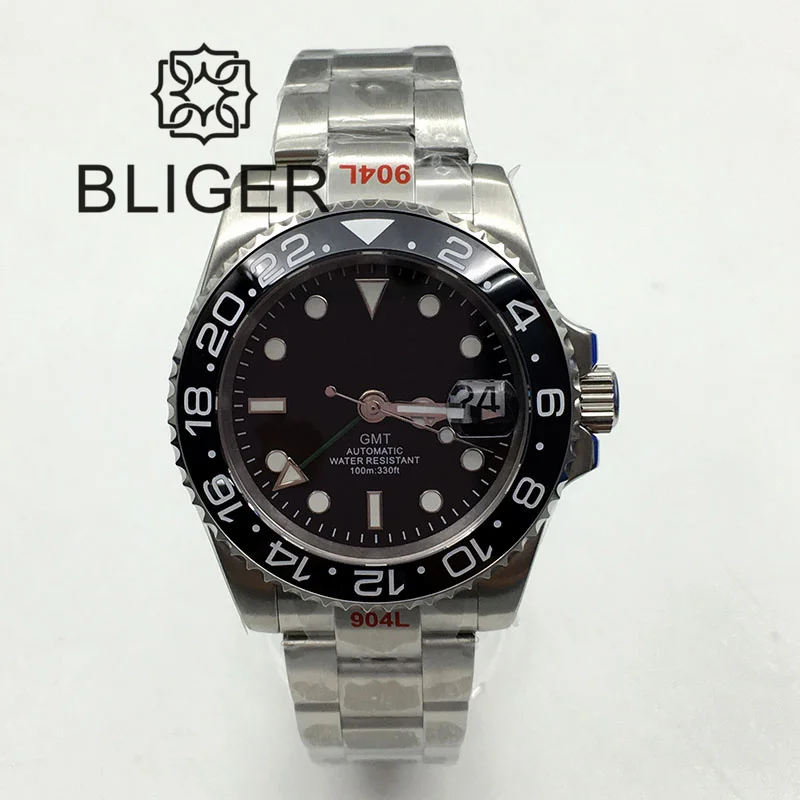 

Мужские механические часы BLIGER 40 мм NH34A DG3804 GMT механизм 24 Драгоценности Черный циферблат устричный Ремешок Поворотный Безель зеленая подсветка