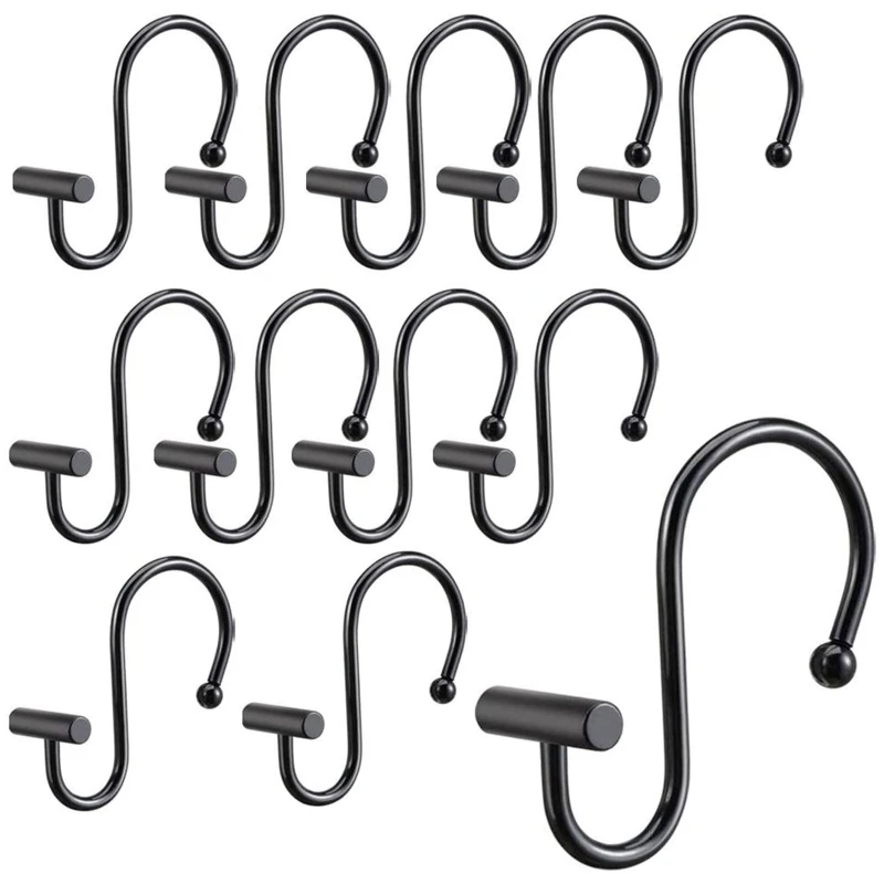 

S Shaped Shower Curtain Hooks 12pcs with Cylinder and Bead Metal Iron Hanger for Home Bathroom Curtains Clothing Towels