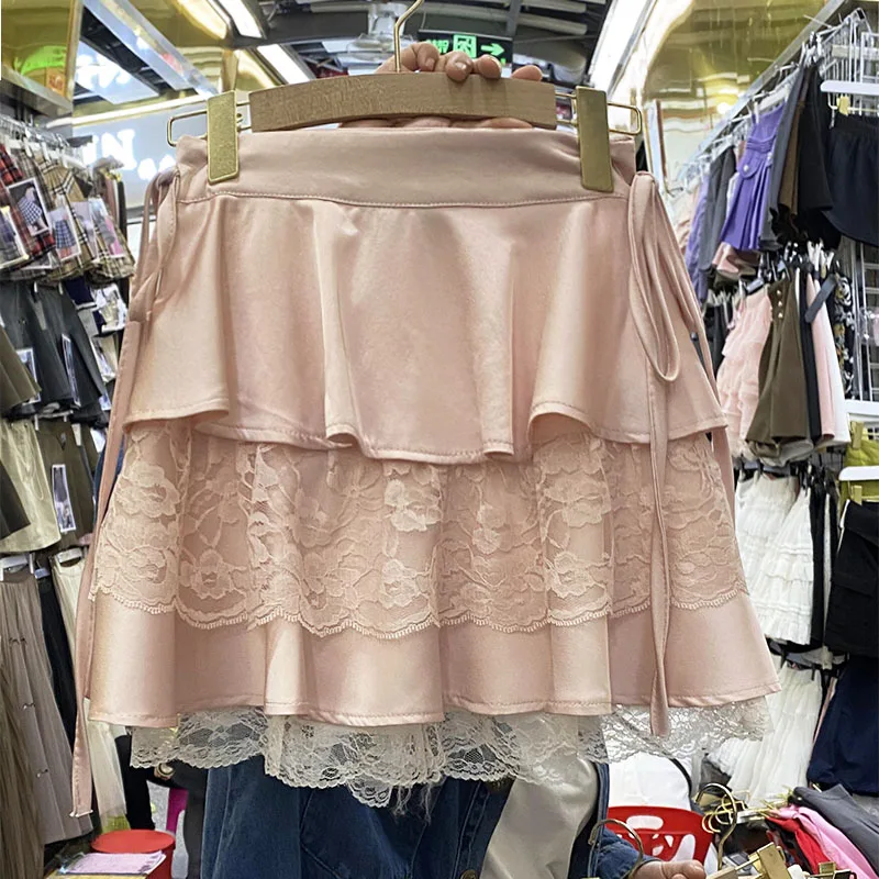 

Korean Fashion Lace Patchwork Mini Skirt Woman Drawstring High Waist A-Line Sweet Cake Skirts Female Solid Color Dropshipping