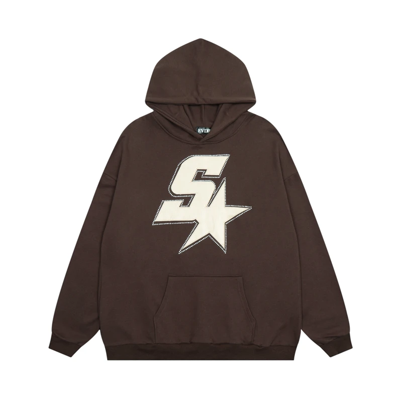 

Rhinestone Stars and Letter Leather Embroidery Terry Hooded Hoodies Men and Women Retro Streetwear Casual Pullover Sweatshirts