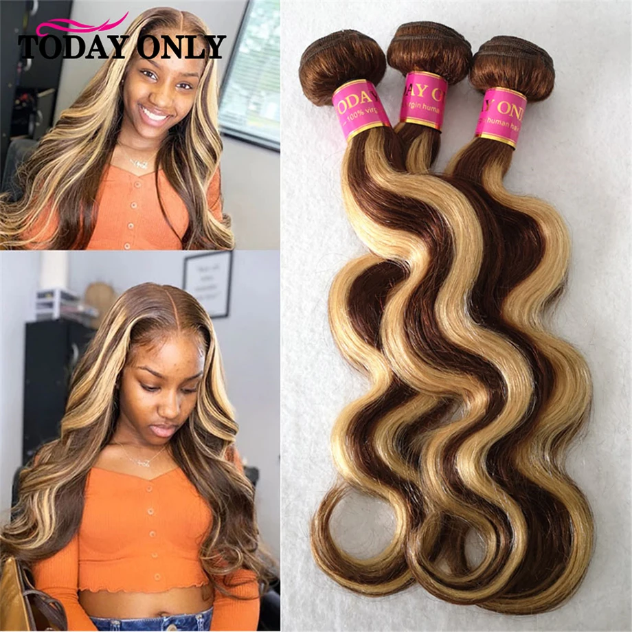 

Highlight Body Wave Bundles Human Hair Extensions 30 inch Bundles Ombre Brown 1/3/4 pcs P4/27 Body Wave Bundles Remy TODAY ONLY