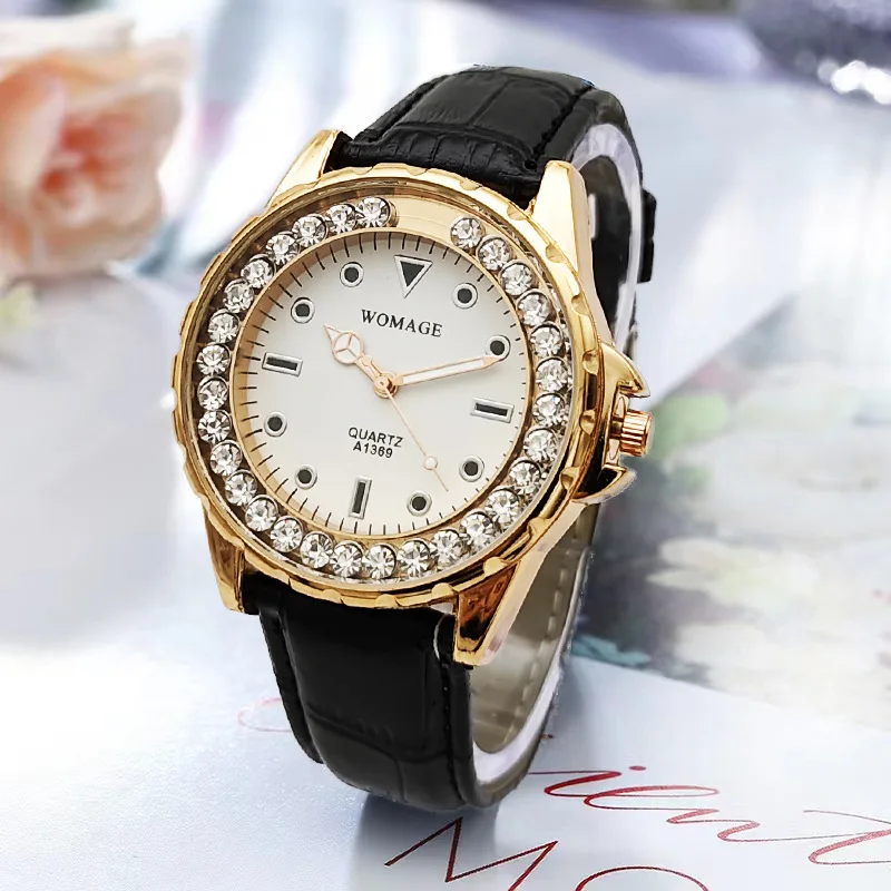 

Luxury Women Quartz Watch Diamond Rhinestone Side Case Fashion Female Ladies Leather Vintage Quartz Wristwatch for Dropshipping