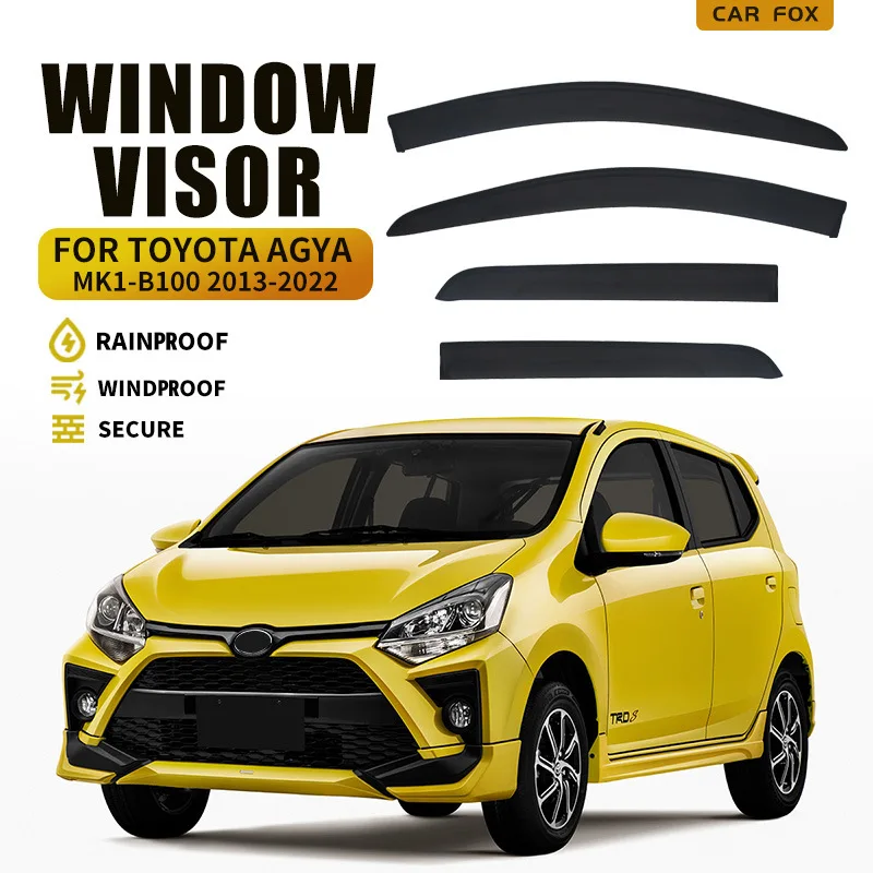 Фото 4 шт. для Toyota Agya 2013-2022, черные автомобильные козырьки на окна, защитные накладки от дождя и солнца, аксессуары для автомобиля. №1