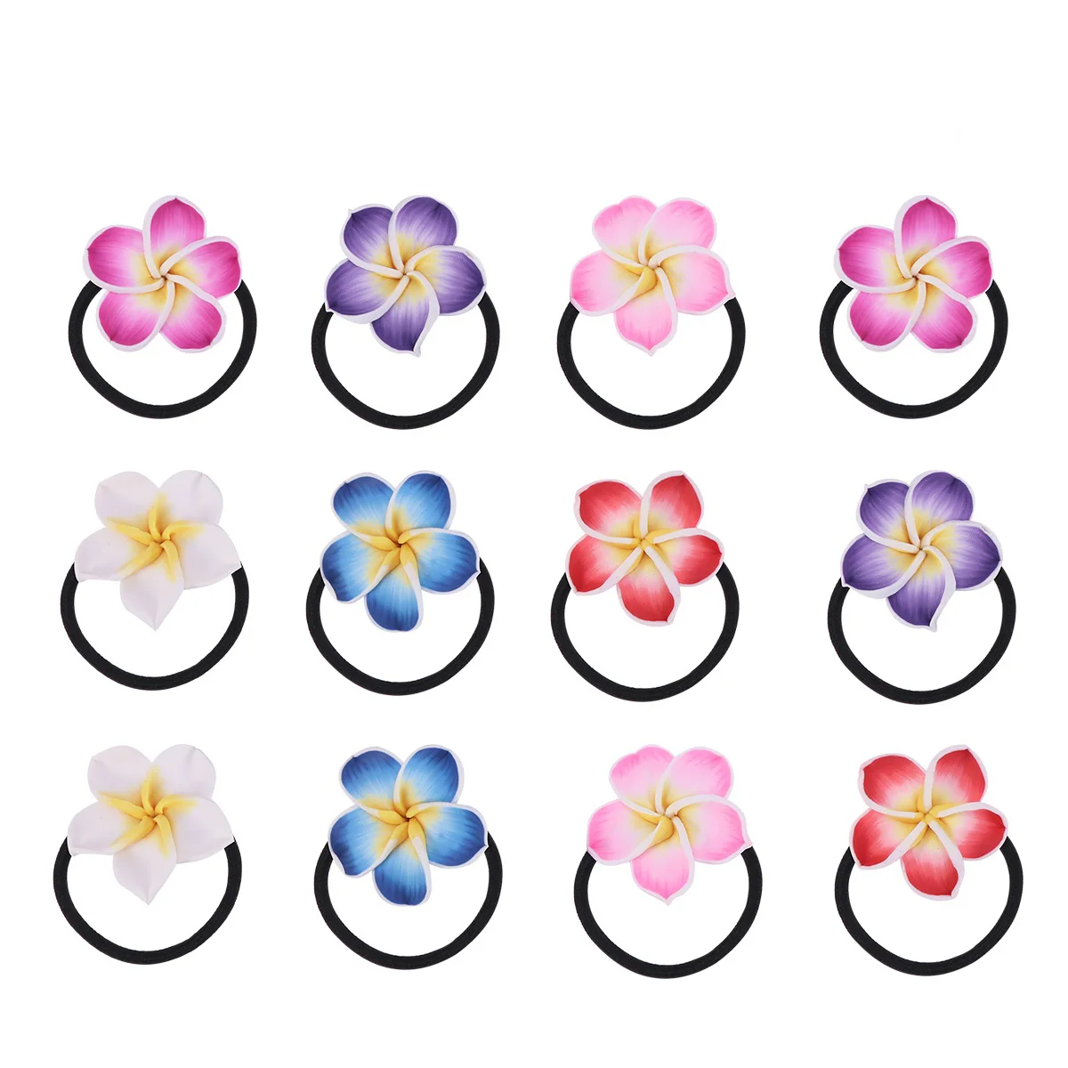 

12PCS Ceramic Material Frangipani Shape Hair Ring Flower Hair Rope Black Rubber Band Flower