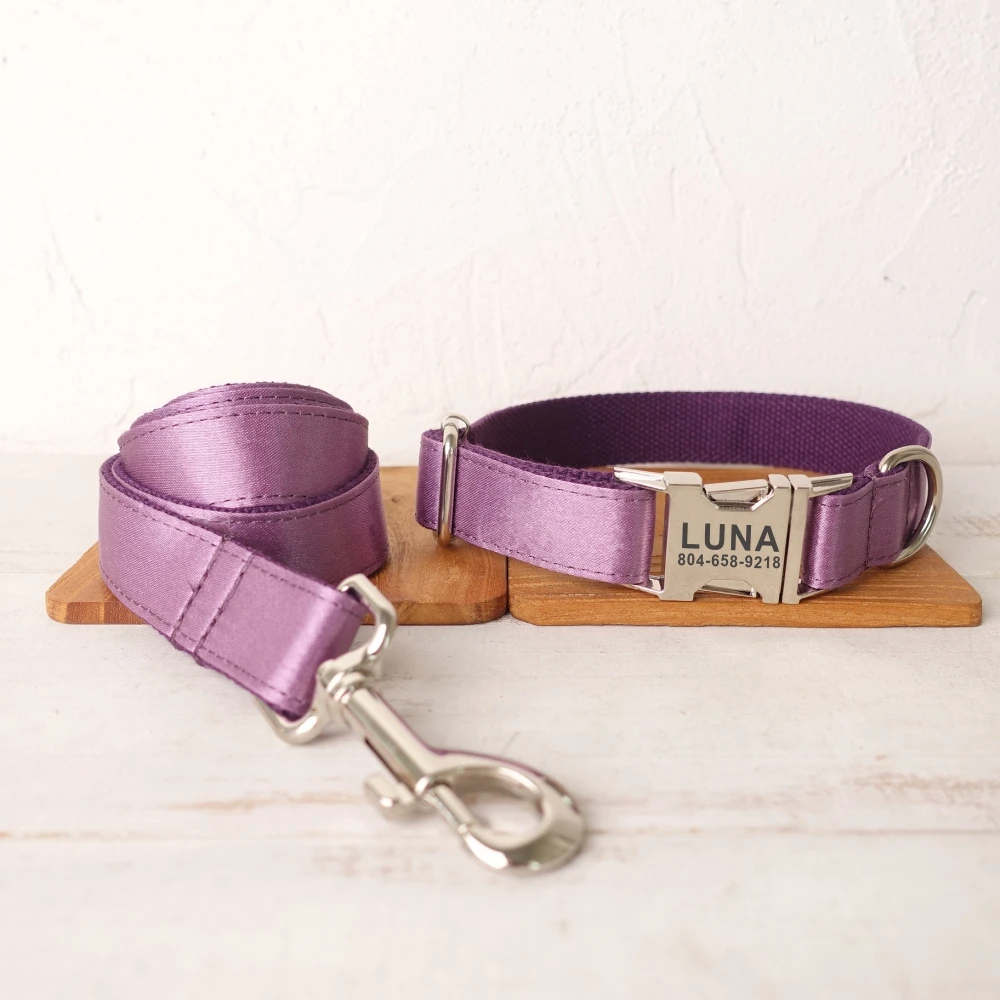 Personalized Dog Collar Custom Pet Collar Free Engraving ID Name Tag Pet Accessory Shiny Purple Puppy Collar Leash Set