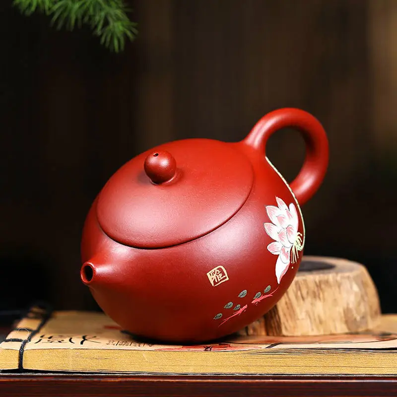 

Чайник ручной работы из исинской глины, пуэр, лотос в комплекте, китайский чайник, фиолетовый маленький чайник из улуновой глины, традиционный чай 280 мл