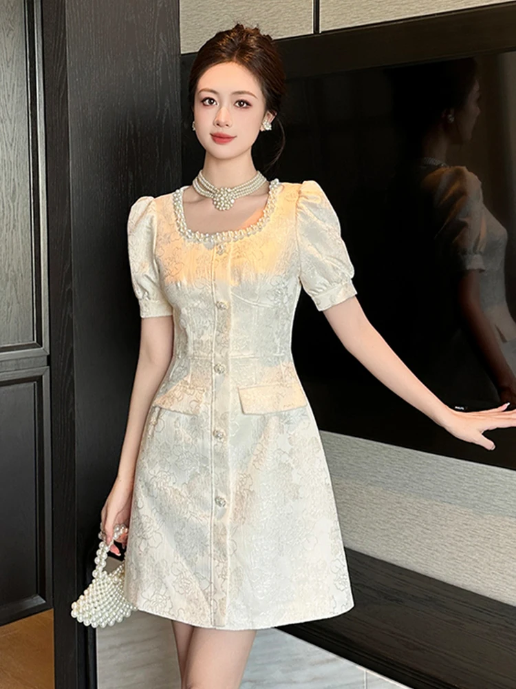 Короткое атласное жаккардовое платье во французском стиле женское элегантное