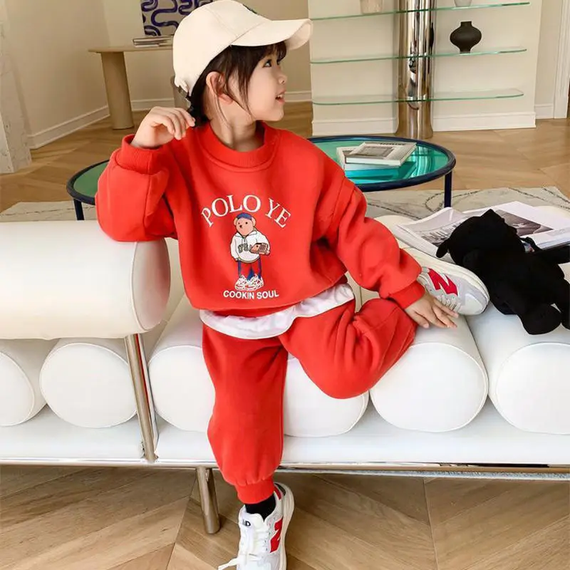 Girls' Autumn and Winter Clothes 2022 New Children's Fleece-Lined Sweater Children's Casual Trousers Baby Girl Two-Piece Suit