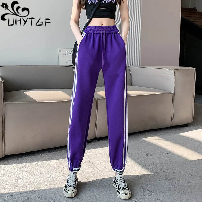 

Спортивные брюки UHYTGF Harun женские весенние новые модные полосатые брюки на шнуровке с эластичным поясом повседневные женские брюки 206