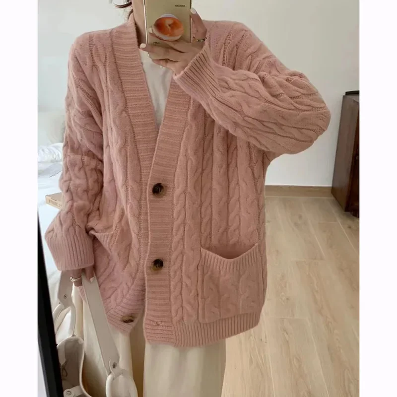 

2023 New Knitted Cardigan Thick Needle Midi Top Twist Lazy Gentle Wind Soft Sweater Jacket Women