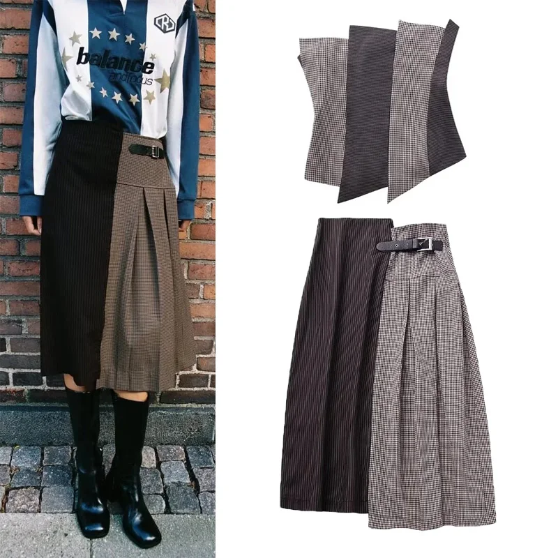 

TRAF Female Spliced Midi Skirt 2023 Classic Autumn Fashion Mid-rise Asymmetric Hem Skirt Women Elegant Side Metal Buckled Skirt