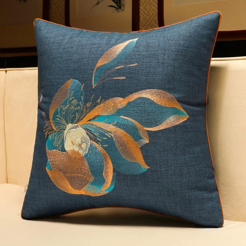 

DUNXDECO Chinese Lotus Embroidered Cushion Cover Decorative Pillow Case Retro Elegant Artistic Simple Luxury Square Coussin