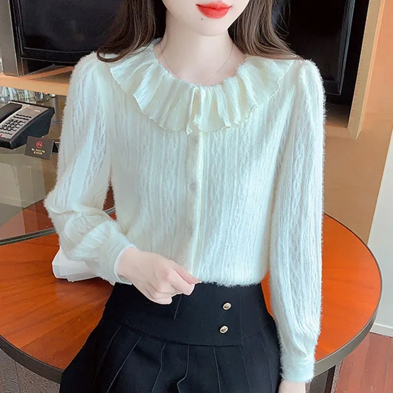 Модная женская рубашка с длинным рукавом и кукольным воротником кружевная