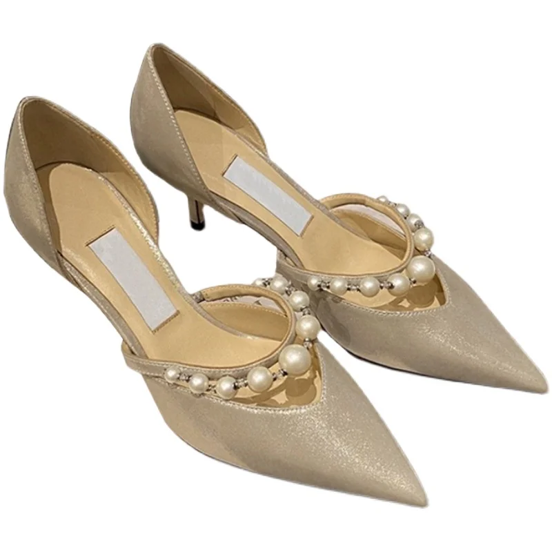 2023 New Hollow High Heels Women's Stiletto Pearl Pointed Wedding Shoes Sandals