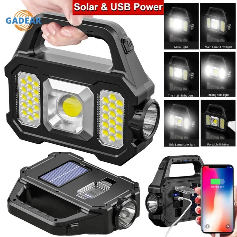 

Solar USB Rechargeable Flashlight Waterproof 6 Gear COB/LED Torch Light Portable Powerful Lantern Solar Light for Camping Hiking