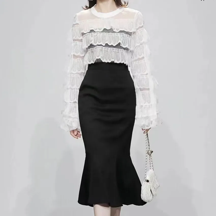

Autumn Fashion Two Piece Set Elegant Women Lace Layers Ruffles White O Neck Shirts + High Waist Black Mermaid Long Skirt Suits