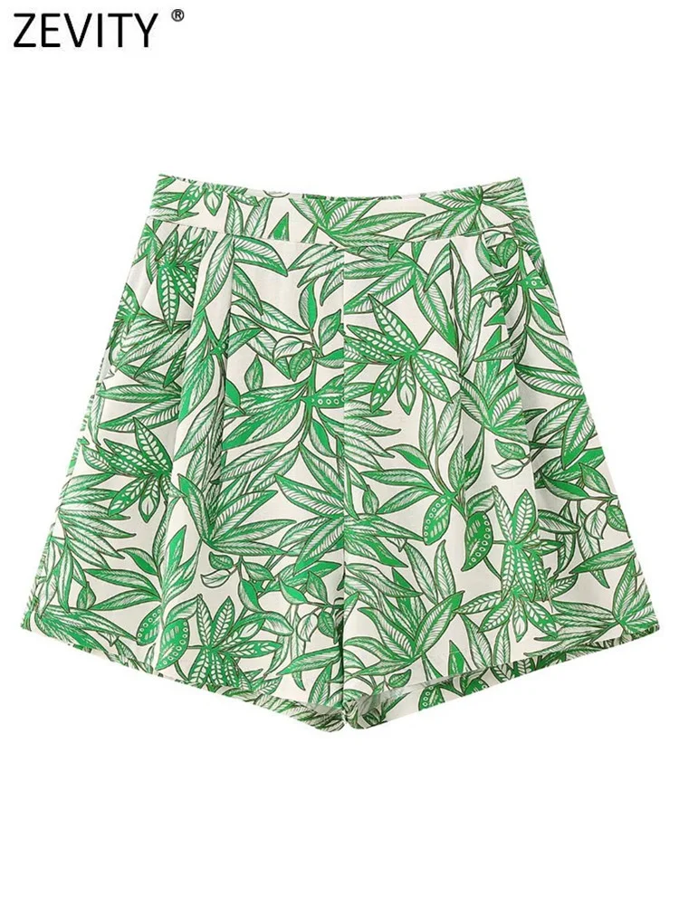 

Женские Модные плиссированные бумажные шорты ZEVITY с принтом зеленых листьев, женские горячие шорты на молнии с высокой талией, шикарные шорты, P4488