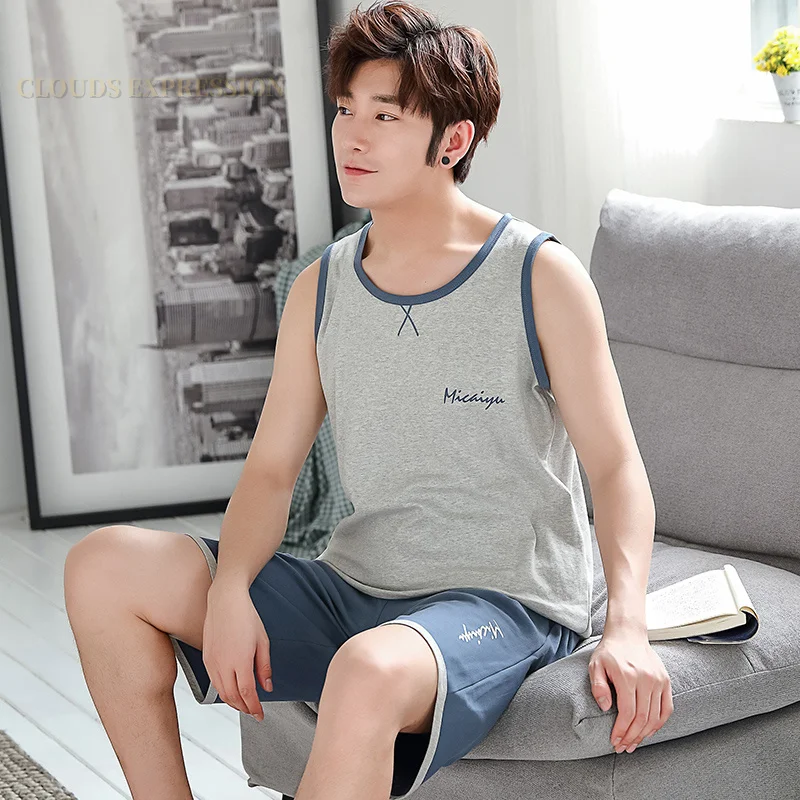 Летняя мужская пижама из 100% хлопка в полоску пижамный комплект повседневная