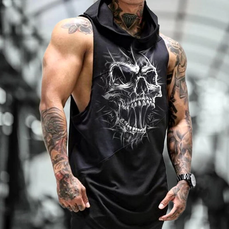 

Men's Vintage Skull Print Hooded Sleeveless Sporty Top Gothic Punk Casual Hip Hop High Street Tank Top for Men's Clothing