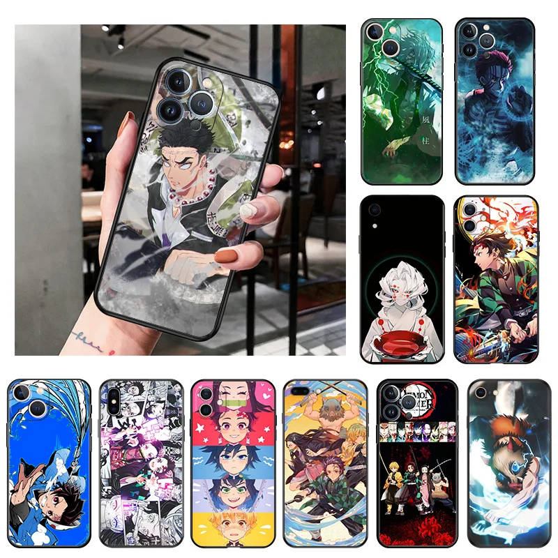 

Silicone Black Phone Cases Cover for iPhone 11 14 Pro Max 12 13 Mini XR SE 7 8 6 s Plus XS X Kimetsu no Yaiba Anime Demon Slayer