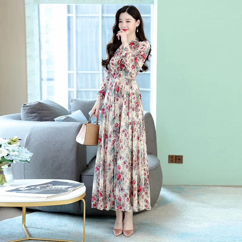 Muslim Spring Autumn Floral Chiffon Ruffled Collar Maxi Dress Women Chic Casual Beach Dresses 2023  muslim long dress women