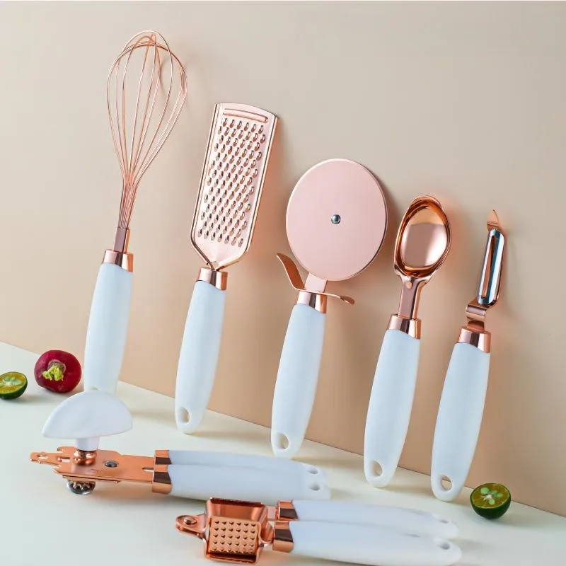 

7Pcs Rose Gold Kitchen Gadget Set Garlic Press Pizza Cutter Egg Beater Can Opener Stainless Steel Utensils Kitchen Tools Set