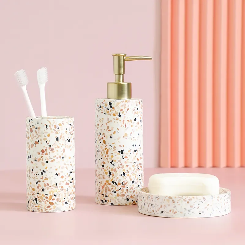 

Resin Bathroom Accessories Set Terrazzo Soap Dispenser Soap Dish Toothbrush Holder Cup Washing Tools Household Toilet Fittings