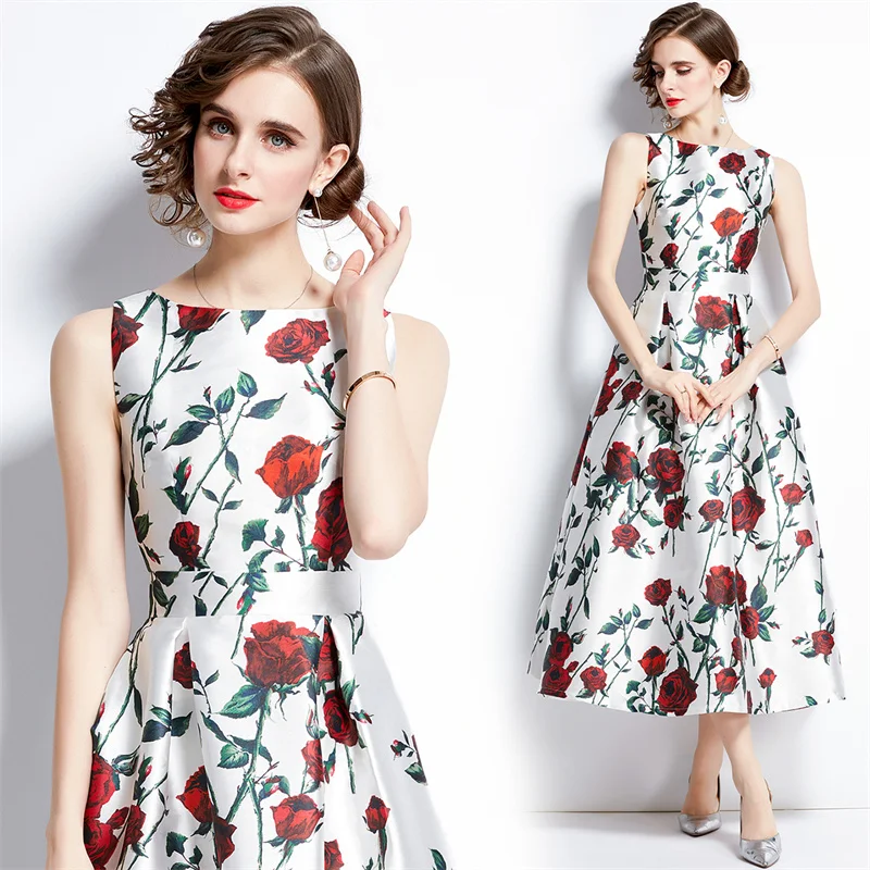 

Vintage Flower Print Dresses For Women Summer O-neck Sleeveless A Line Niche Midi Dress Elegant Dinner Party Dress Runway G511