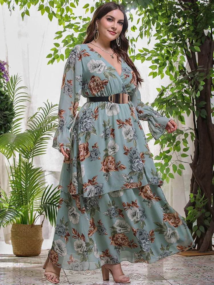 

Large Size Long-sleeved Muslim Dress Printed V-neck High Waist Skirt Long Style Belt Elegant Temperament Suitable Spring Autumn