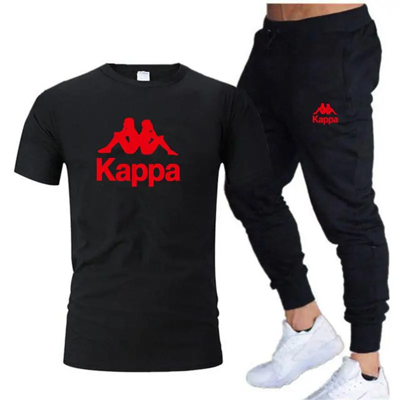Kappa Fitness Jogging Suit Sportswear Printed Short-sleeved T-shirt+trousers Men's and Women's Sports Men's Summer Cotton Style