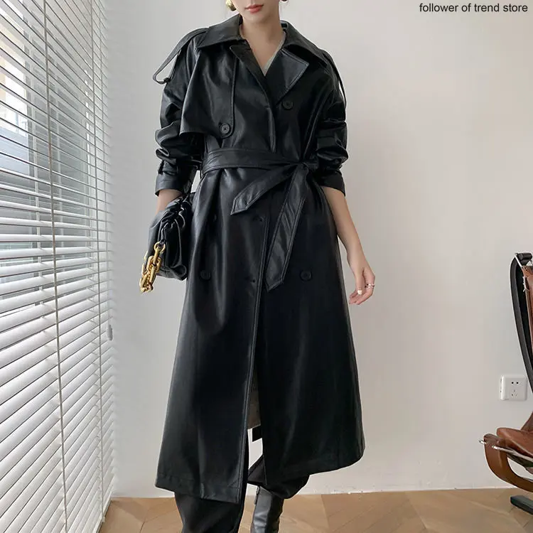 Autumn Winter British Retro Motorcycle Leather Coat Women's Medium Long Waist PU Large X Long Belt Leather Trench Coat for Women