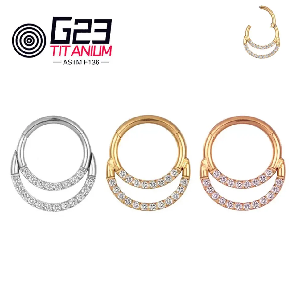 

Fashion Ladies ASTM F136 Titanium Double Open Stacked Septum Clicker With CZ 16G Hinged Nose Rings Daith Helix Earrings Piercing