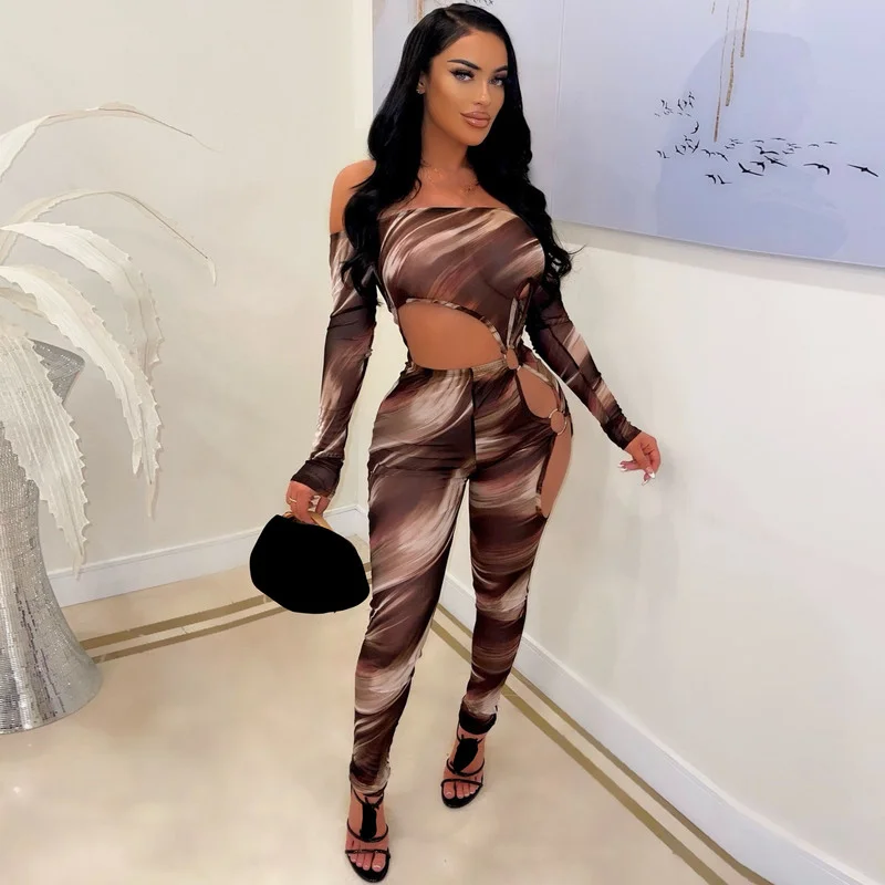 

WUHE Stripe Print Metal Ring Hollow Out Mesh Jumpsuit Women Sexy Slash Neck Long Sleeve Stretchy Club Party Overalls