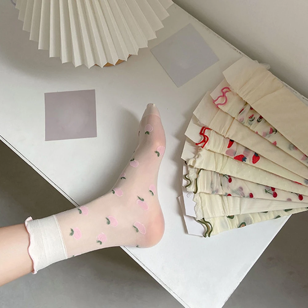 

Ultra-thin Transparent Crystal Silk Socks Women Fashion Summer Harajuku Boat Socks Retro Fruits Flower Elastic Long Socks
