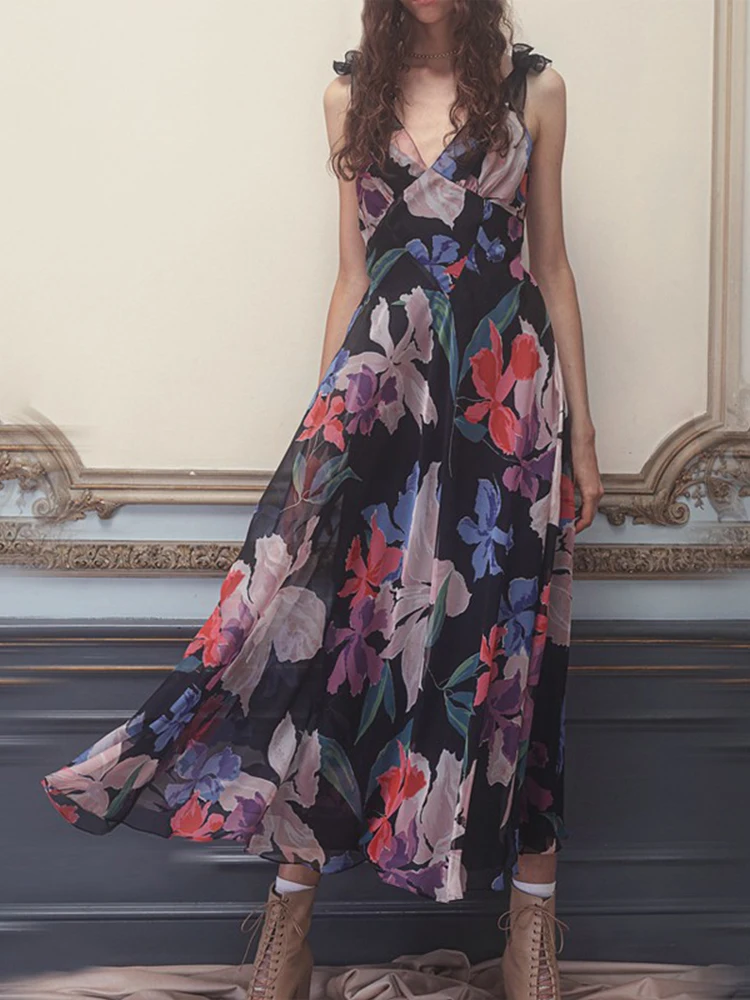 

Женское платье, новинка 2023, шифоновое платье с принтом и V-образным вырезом, темпераментное длинное платье на бретелях, бесплатная доставка