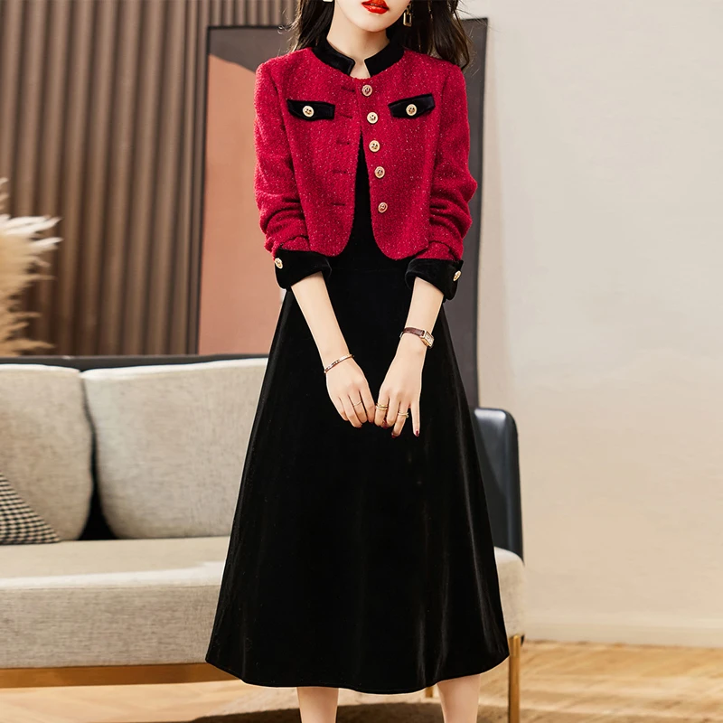 

Spring Autumn Elegant Dress Sets Women Chic Small Fragrance Jackets Coat And Suspenders Camis Dresses Suit Korean Female Outfits