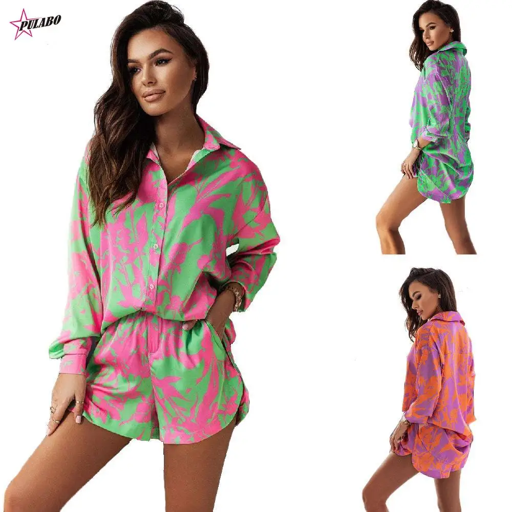 

VOLALP Women Print Shorts Suits Woman Vintage Long Sleeve Shirt And Short Pants Suit Two Piece Set Female Casual Outfit