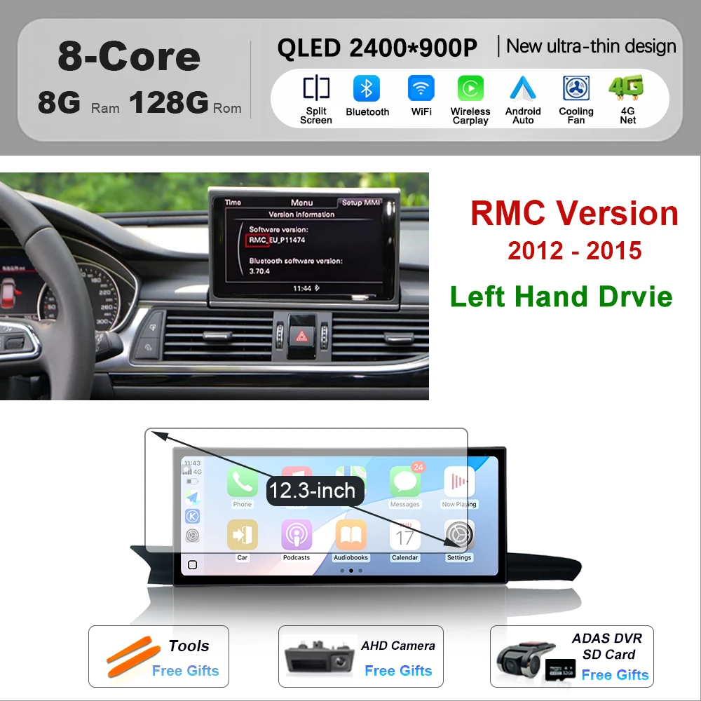 

12,3 "Для Audi A6 A6L A7 C7 2012-2018 Android 15 Автомобильный радиоприемник Мультимедиа CarPlay 4G WIFI DSP Стерео GPS-навигация QLED Сенсорный экран