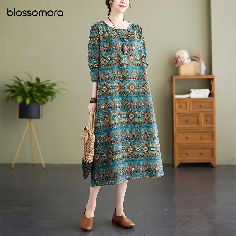

Blossomora Vintage Print Loose Slim Midi Dress Casual O-neck Long Sleeve Elegant Dresses Female Robe Autumn Vestidos Women 2022