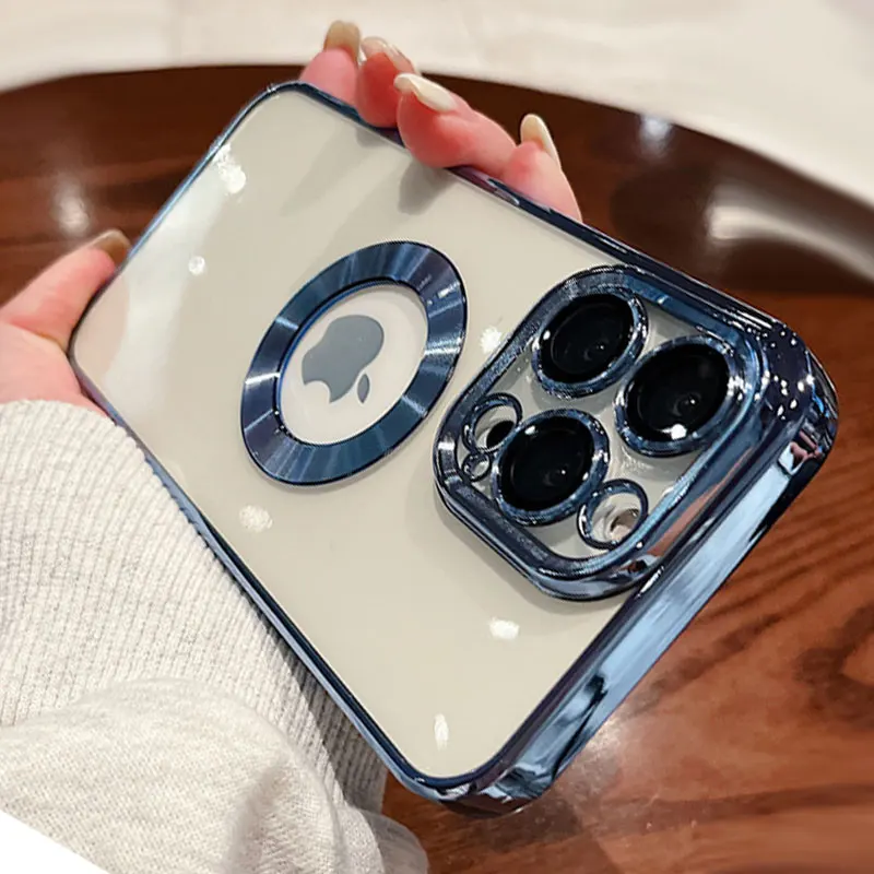 

Luxury Transparent Plating Logo Hole Case For iPhone 13 12 11 Pro Max X XR XS 7 8 Plus With Lens Protector Soft Silicone Cover