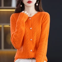 spring and autumn new womens 100 wool solid color cardigan round nneck new knitted hollow korean sweater loose retro soft top