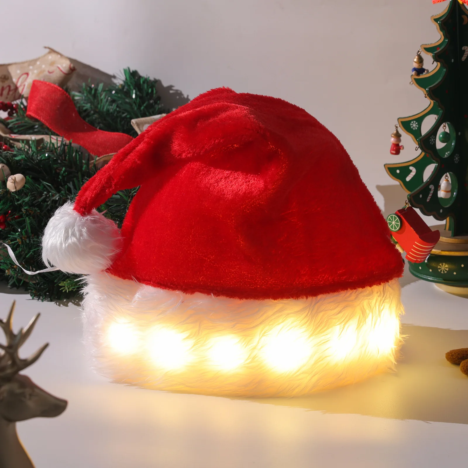 

Led Glowing Christmas Hat Plush Xmas Santa Claus Red Hat Merry Christmas Atmosphere Decor Holiday Party Supplies New Year 2023
